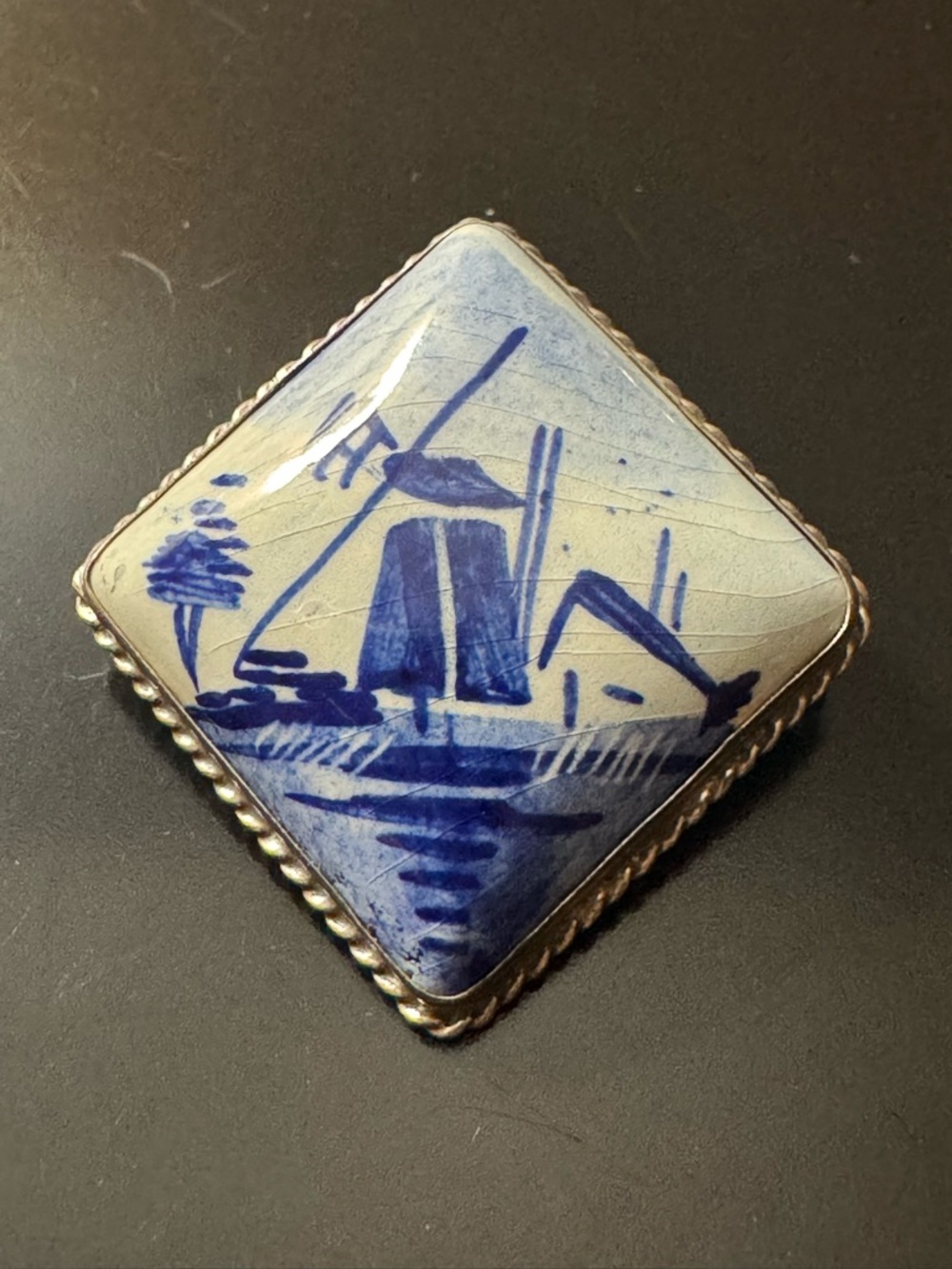 Vintage Delft Hand-Painted Porcelain Brooch - Windmill Scene